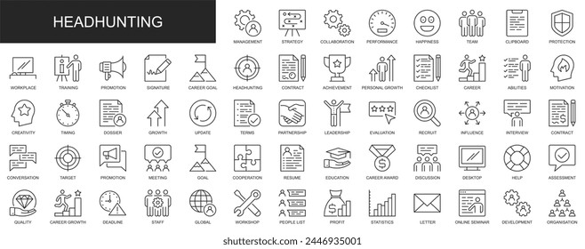 Head hunting web icons set in thin line design. Pack of recruitment, business strategy, management, team training, workplace, interview, deadline, other outline stroke pictograms. Vector illustration.