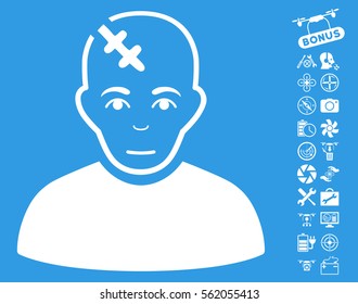 Head Hurt icon with bonus flying drone service pictograph collection. Vector illustration style is flat iconic white symbols on blue background.