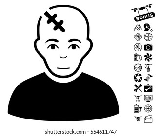Head Hurt icon with bonus quad copter tools clip art. Vector illustration style is flat iconic black symbols on white background.