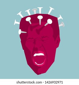 The head is hurt, the painful expression. Isolated on blue background.