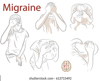 The head hurts, the man and the woman hold on to the head. Migraine, stroke. Color vector illustration on the theme of sore, medicine.