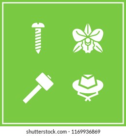 head icon. 4 head vector set. hammer, screw, orchid and hat icons for web and design about head theme