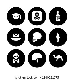 head icon. 9 head set with eye drops, camel, helmet and death skull and bones vector icons for web and mobile app