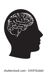 
Head icon in black with brain in white stroke. Thinking head. Human intelligence.