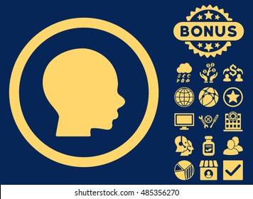 Head icon with bonus images. Vector illustration style is flat iconic symbols, yellow color, blue background.