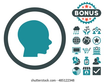 Head icon with bonus pictogram. Vector illustration style is flat iconic bicolor symbols, soft blue colors, white background.