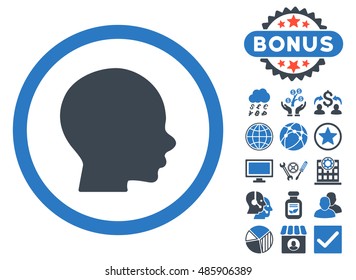 Head icon with bonus pictogram. Vector illustration style is flat iconic bicolor symbols, smooth blue colors, white background.