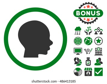 Head icon with bonus pictogram. Vector illustration style is flat iconic bicolor symbols, green and gray colors, white background.