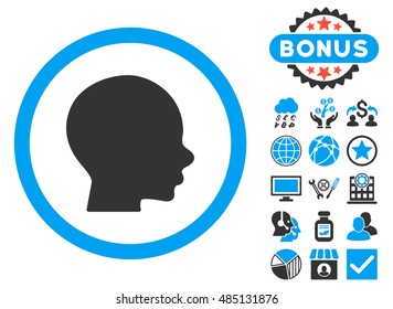 Head icon with bonus symbols. Vector illustration style is flat iconic bicolor symbols, blue and gray colors, white background.