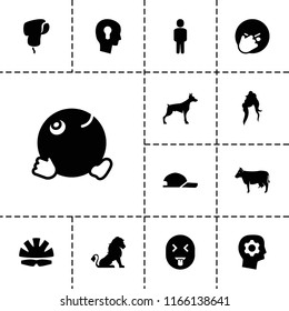 Head icon. collection of 13 head filled icons such as lion, cow, dog, facepalm emot, dancing emoji, helmet, woman hairstyle. editable head icons for web and mobile.