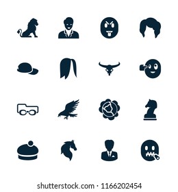 Head icon. collection of 16 head filled icons such as cabbage, lion, eagle, bull skull, horse, woman hairstyle, woman hat, businessman. editable head icons for web and mobile.