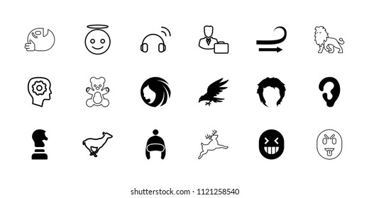 Head icon. collection of 18 head filled and outline icons such as woman hairstyle, ear, hairstyle, antelope, emoji angel. editable head icons for web and mobile.