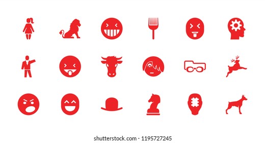 Head icon. collection of 18 head filled icons such as lion, cow, dog, hat, laughing emot, emo emot, horse chess, deer, coloring brush. editable head icons for web and mobile.