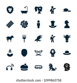 Head icon. collection of 25 head filled icons such as cabbage, face, shower, hair curler, woman hat, businessman, mustache and glasses. editable head icons for web and mobile.