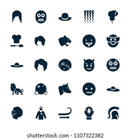 Head icon. collection of 25 head filled icons such as lion, cow, panther, woman hairstyle, woman hat, emo emot, showing tongue emot. editable head icons for web and mobile.