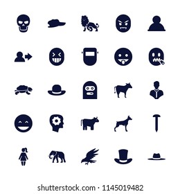 Head icon. collection of 25 head filled icons such as cow, dog, elephant, nail, welder mask, user, laughing emot, thief emot, hat. editable head icons for web and mobile.