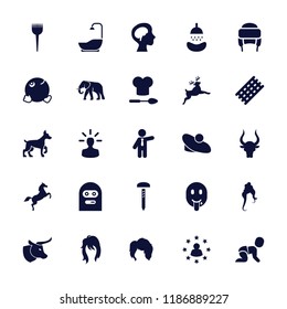 Head icon. collection of 25 head filled icons such as elephant, bull, barber brush, hair curler, woman hairstyle, winter hat. editable head icons for web and mobile.