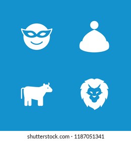 Head icon. collection of 4 head filled icons such as cow, emoji in mask, lion. editable head icons for web and mobile.