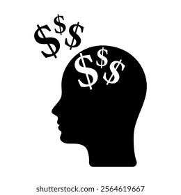 Head icon with dollar signs. Thoughts about money. Money addiction and oniomania . Business strategy, financial planning. Solving financial problems.