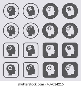 Head icon with gear , clock , puzzle and recycle symbol set . Vector illustration