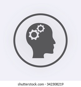 Head icon with gear symbol in circle . Vector illustration