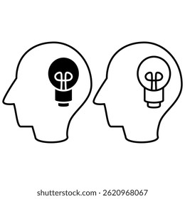 Icono de la cabeza con la bombilla, estilo plano simple, ilustración, Plantilla del pictograma del símbolo de la muestra del logotipo, para UI o UX aislado en blanco para el App móvil, editable
