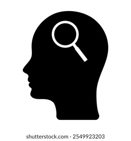 Head icon and magnifying glass. The head is thinking. Searching for a solution.