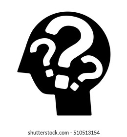 Head icon with question marks inside help and mental health flat glyph
