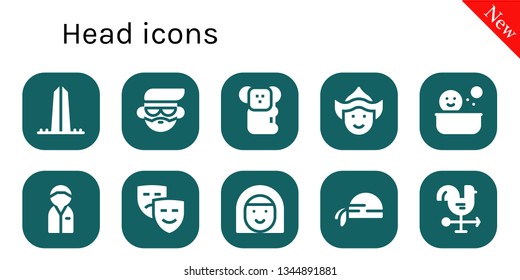 head icon set. 10 filled head icons.  Simple modern icons about  - Washington, Avatar, Koala, Woman, Shower, Policeman, Masks, Pirate scarf, Cock