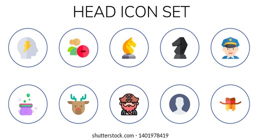 head icon set. 10 flat head icons.  Collection Of - brainstorm, poison, user, reindeer, horse, beard, policeman, hat
