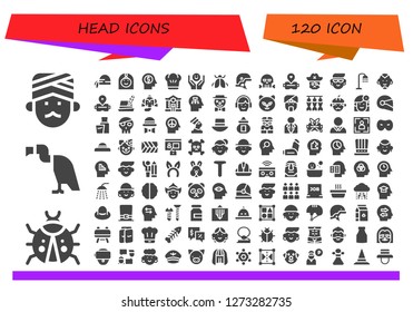  head icon set. 120 filled head icons. Simple modern icons about  - Man, Ladybug, Vulture, Pirate scarf, Arab woman, Mind, Chef, Psychology, Helmet, Skull, Virtual reality, Avatar