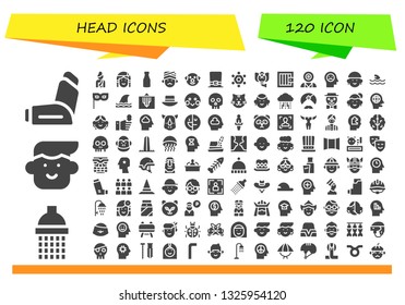 head icon set. 120 filled head icons.  Collection Of - Inhaler, Shower, Avatar, Woman, Native american, Milk, Man, Clown, Hat, Team, Elephant, Jail, Mind control, Mind, Shark