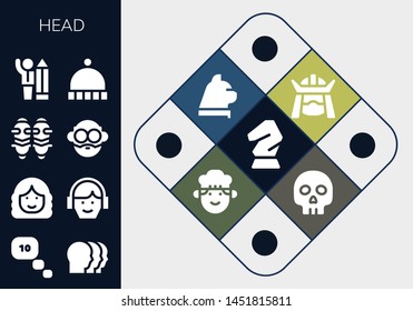 head icon set. 13 filled head icons.  Collection Of - Horse, Thinking, Heads, Woman, Avatar, Shin guards, Businessman, Beanie, Samurai, Cat, Chef, Yorick