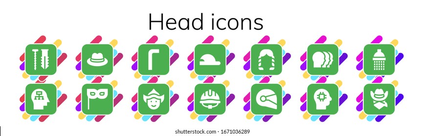 head icon set. 14 filled head icons. Included Screw, Mind, Hat, Mask, Allen keys, Woman, Baseball cap, Helmet, Hairstyle, Heads, Brain, Shower, Cowboy icons