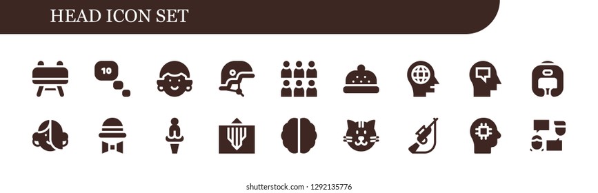  head icon set. 18 filled head icons. Simple modern icons about  - Buck, Thinking, Avatar, Helmet, Team, Bonnet, Head, Mind, Boxing helmet, Hat, Venus, Brain, Cat, Hunting, Talk