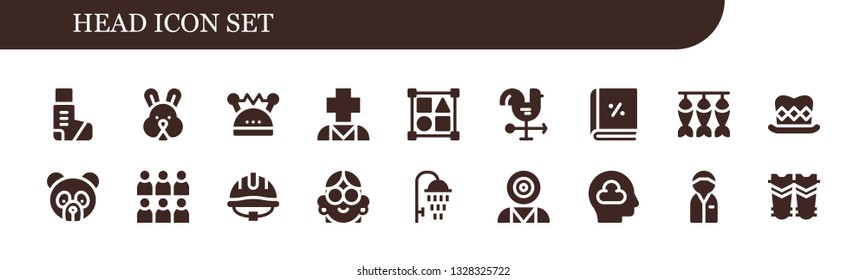 head icon set. 18 filled head icons.  Simple modern icons about  - Inhaler, Rabbit, Helmet, Psychology, Shapes, Cock, Account, Dried fish, Top hat, Panda bear, Team, Avatar, Shower