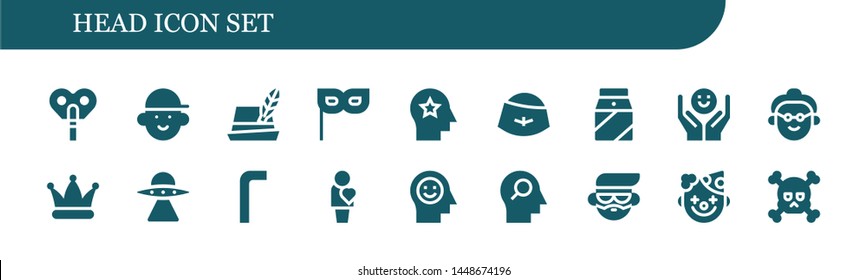 head icon set. 18 filled head icons.  Collection Of - Automaton, Avatar, Hat, Mask, Mind, Milk, Psychology, Grandmother, Aliens, Allen keys, Human, Clown, Skull