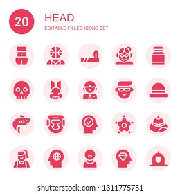 head icon set. Collection of 20 filled head icons included Body, Psychologist, Indian, Grandmother, Milk, Skull, Rabbit, Man, Avatar, Hat, Shark, Headgear, Mind, Sheriff, Woman