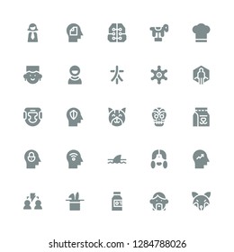 head icon set. Collection of 25 filled head icons included Fox, Avatar, Poison, Hat, Brainstorming, Mind, Woman, Shark, Milk, Mexican skull, Cat, Headgear, Virtual reality, Sheriff