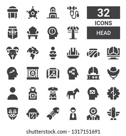 head icon set. Collection of 32 filled head icons included Eagle, Cognitive, Businessman, Fish bone, Police, Anonymous, Brain, Mind, Horse, Nerd, Poison, User, Hat, Panoramic view