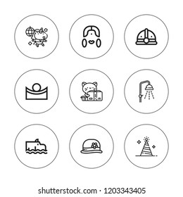 Head icon set. collection of 9 outline head icons with concave, kitty, helmet, hippo, hat, shower, unicorn icons. editable icons.