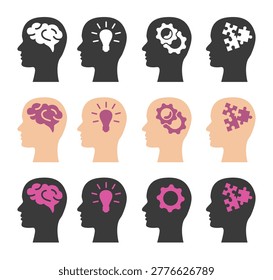 Head icon set. Human head with various thoughts. Mental health icons. Vector icon isolated on white background.