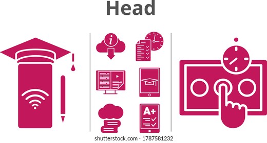 head icon set. included cloud library, ereader, smartphone, ebook, test, information icons. filled styles.