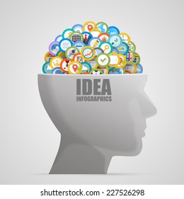 Head with icons in the brain. Vector illustration