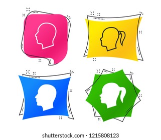 Head icons. Male and female human symbols. Woman with pigtail signs. Geometric colorful tags. Banners with flat icons. Trendy design. Vector