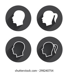 Head icons. Male and female human symbols. Woman with pigtail signs. Circles buttons with long flat shadow. Vector