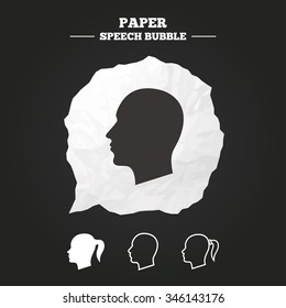 Head icons. Male and female human symbols. Woman with pigtail signs. Paper speech bubble with icon.
