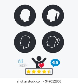 Head icons. Male and female human symbols. Woman with pigtail signs. Star vote ranking. Client like and think bubble. Quotes with message.