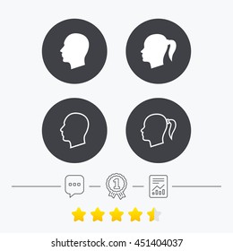 Head icons. Male and female human symbols. Woman with pigtail signs. Chat, award medal and report linear icons. Star vote ranking. Vector