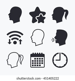 Head icons. Male and female human symbols. Woman with pigtail signs. Wifi internet, favorite stars, calendar and clock. Talking head. Vector